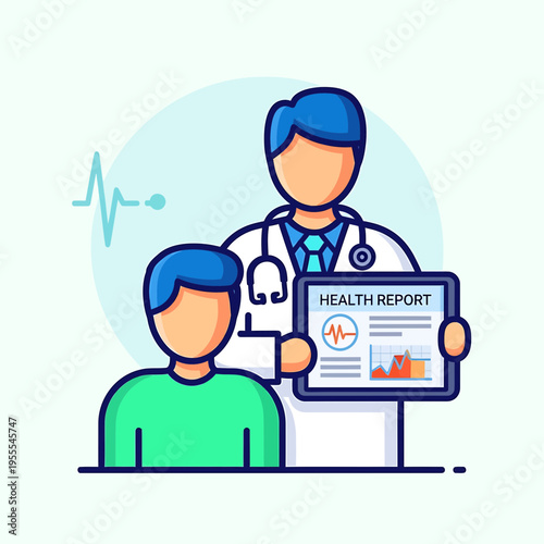 Modern flat vector icon of a doctor explaining a digital health report to a male patient, illustrating medical consultation and personalized healthcare