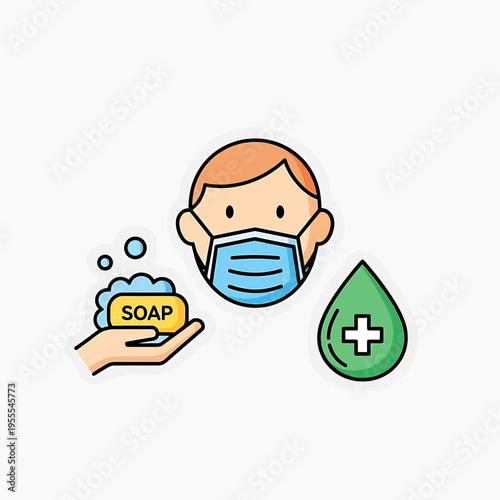 Colorful flat line icons for essential health and hygiene. Set includes a face mask, hand washing with soap, and hand sanitizer, vital for personal and public safety