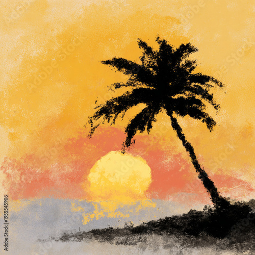 Simple beach scene with black palm tree, sun setting, serene tropical sunset, minimalist coastal view