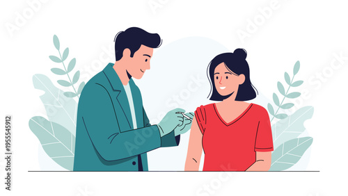 Professional male doctor wearing a green coat and gloves administers a vaccine injection to a young woman in a medical clinic setting with plants.
