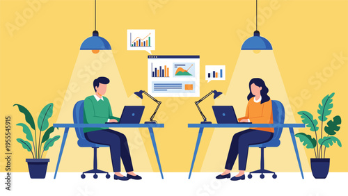 Man and woman work at separate desks in a modern office space while analyzing various colorful data charts displayed on the wall behind them.