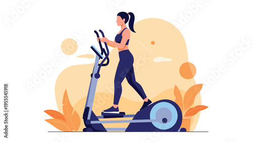 Fit young woman with a ponytail exercises on an elliptical trainer machine as part of her daily cardio workout routine in a stylish gym setting.