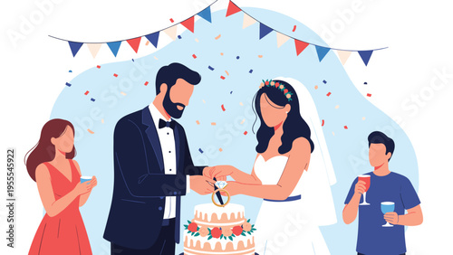 Happy bride and groom celebrate their marriage by cutting a beautiful tiered wedding cake together during their reception party with guests.