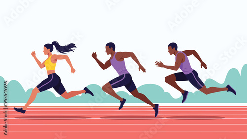 Diverse group of three determined athletes consisting of one woman and two men compete in a sprint race on a professional red running track.