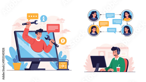 Collage of various business scenes showing a technical repair specialist, online customer support team, and a focused office employee at work.