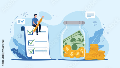 Man sitting on a checklist and using a giant pencil while a jar of money and gold coins represent effective financial planning.