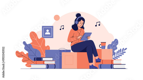 Young woman sits comfortably on a stack of boxes while listening to music through headphones and browsing on her digital tablet in her room.