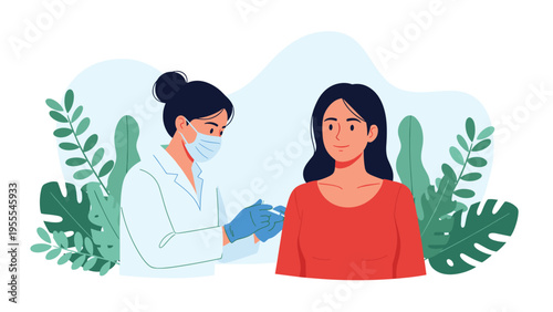 Female doctor in a lab coat and mask administering a vaccine injection to a patient in a medical clinic surrounded by plants.