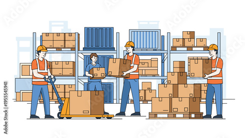 Group of warehouse workers in safety vests and helmets moving boxes and using a pallet jack in a busy logistics facility center.