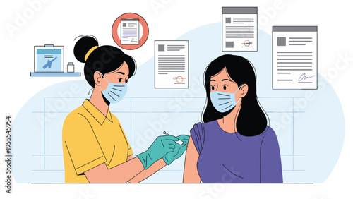 Healthcare worker wearing a mask and gloves giving a vaccination to a woman in a clinical room with medical documents on wall.