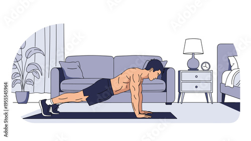 Athletic man performing a plank exercise on a mat in a modern living room with a sofa and bedroom furniture in the background.