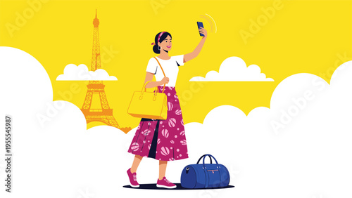 Fashionable traveler taking a selfie with her smartphone in front of the Eiffel Tower in Paris while holding various travel bags.