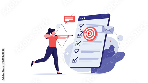 Determined woman aiming a bow and arrow at a target on a large digital checklist representing goal achievement and strategy.
