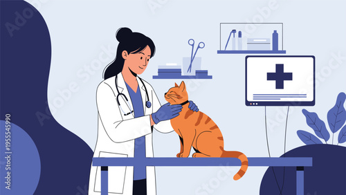 Caring female veterinarian examining a ginger cat on a medical table in a modern veterinary clinic with a monitor and tools.