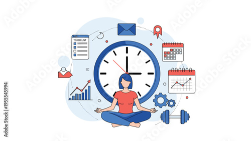 Woman meditating in a lotus pose surrounded by icons for time management, fitness, and productivity under a large wall clock.