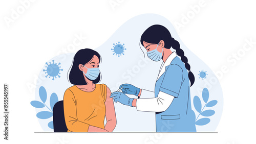 Professional nurse in a blue uniform and mask administering a vaccine to a patient with virus icons in the light background.