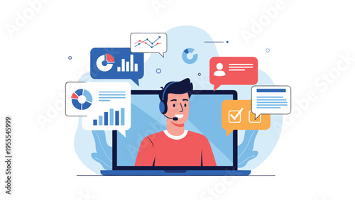 Customer support representative with a headset appearing on a laptop screen surrounded by data charts and chat bubbles.