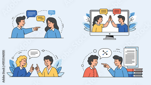 Collection of vector scenes illustrates various aspects of interpersonal communication, including conflict, virtual teamwork, and teaching.