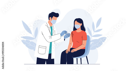 Male doctor in a lab coat and face mask administers a vaccine to a female patient sitting in a clinical setting for health protection.