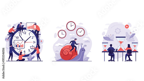 Series of conceptual illustrations explores themes of time management, deadline pressure, and the perception of time in a work environment.