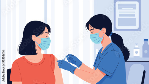Female healthcare worker wearing blue scrubs and gloves carefully injects a vaccine into a patient's arm to boost immunity.