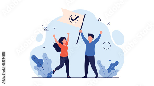 Energetic young man and woman celebrate their success by holding a white flag with a check mark against a soft blue background.