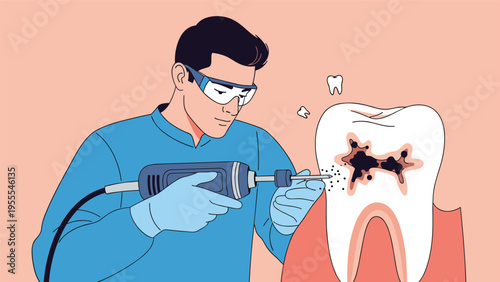 Professional dentist using a specialized drill to treat a large tooth with cavities, representing oral hygiene and dental care procedures.