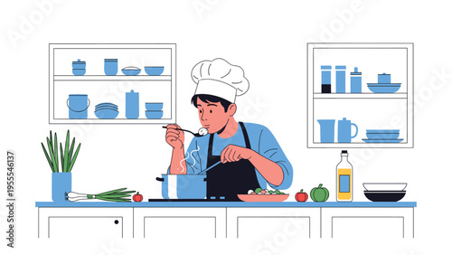 Curious chef in a white hat tastes a delicious soup directly from the pot using a spoon while cooking in a well-equipped kitchen.