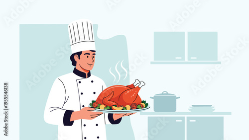 Proud male chef in a traditional white uniform presents a perfectly roasted turkey on a platter in a professional kitchen environment.