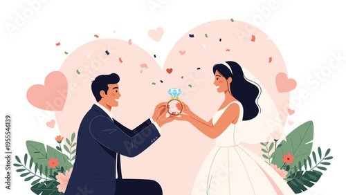 Young man proposes to his girlfriend with a giant diamond ring in front of a large pink heart, representing love and commitment.