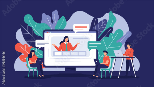 Group of remote students participates in an interactive webinar or online lecture displayed on a large computer screen with floral motifs.