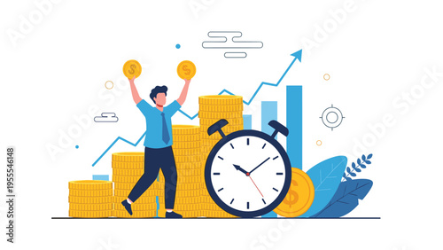 Successful businessman celebrates his financial gains while surrounded by gold coins, a growth chart, and a large alarm clock.