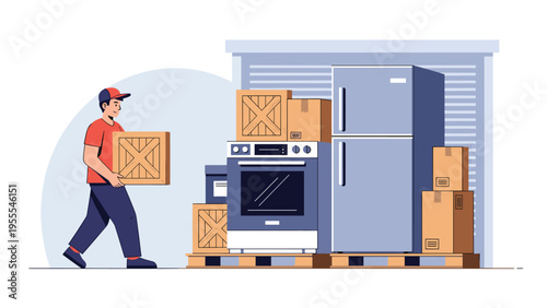 Delivery professional in a red shirt carries a wooden crate past large household appliances like a refrigerator and a kitchen stove.