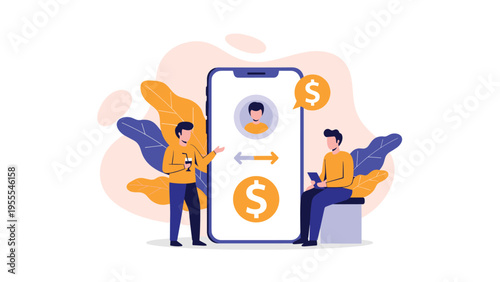 Two young men facilitate a digital money transfer using a smartphone application, representing modern fintech and banking solutions.