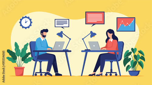 Professional man and woman work on their laptops at separate desks in a bright and modern office space decorated with indoor plants.