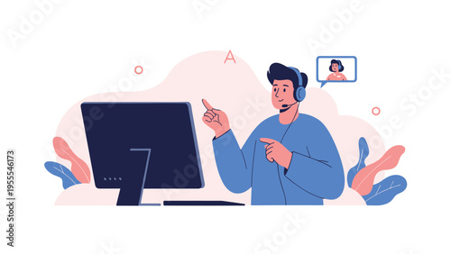 Male customer support representative with a headset explains a concept while pointing at his computer screen during a video call.