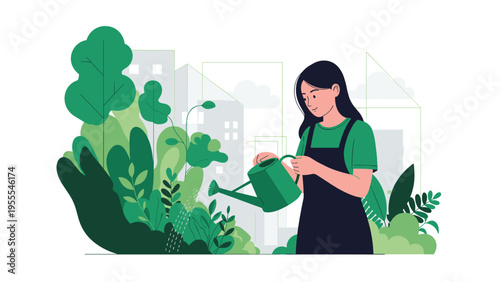 Young woman in a green shirt and black apron waters her lush indoor garden with a watering can against an urban city silhouette.