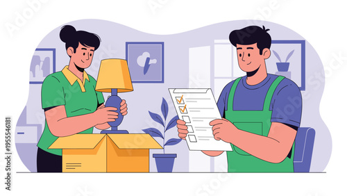 Professional movers in green uniforms pack a lamp into a cardboard box while consulting a moving checklist for an efficient relocation.