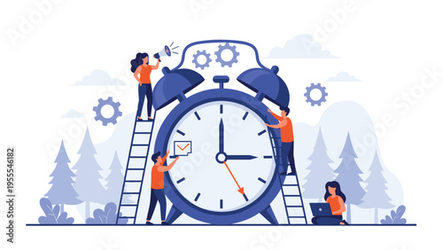 Team of small people works together to maintain and set a giant alarm clock, illustrating the importance of collective time management.