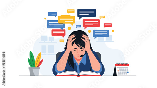 Overwhelmed office worker covers her face in stress while surrounded by numerous speech bubbles and a heavy workload on her desk.