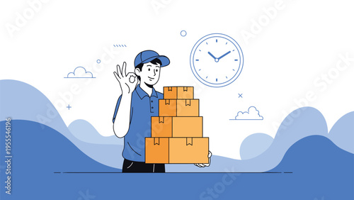 Friendly delivery courier in a blue cap holds a stack of boxes and shows an okay sign, indicating a successful and timely shipment.