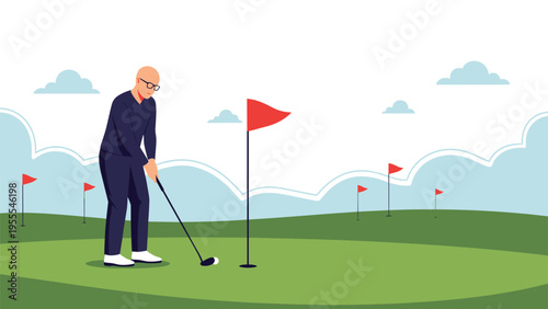 Mature man in a dark sweater practices his golf swing on a green course with several red flags marking the holes under a clear sky.