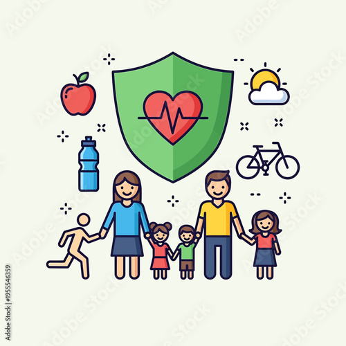 Comprehensive family health and wellness protection concept, featuring parents and children surrounded by vital lifestyle elements, promoting a secure and active future
