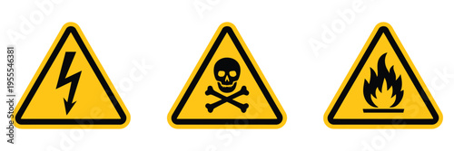 warning triangular caution shapes signs with various danger symbols, hazard flammable electrical high voltage biohazard skull with bone,clean hazard signage graphics.