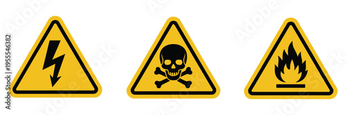 warning triangular caution shapes signs with various danger symbols, hazard flammable electrical high voltage biohazard skull with bone,clean hazard signage graphics.