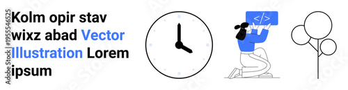Technology, time management, digital creativity, front-end development, software design, minimalism. Clock, coding with a developer figure text and tree images. Technology and time management
