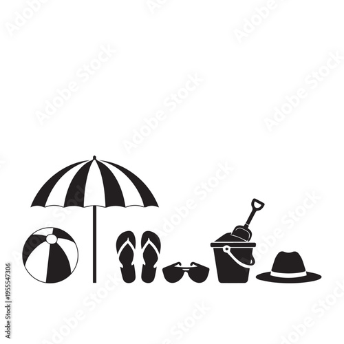 Beach Gear Collection: Umbrella Ball Flip-flops Sunglasses Bucket HatStock Icon
