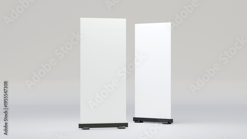 Blank banners or rollup mockup on a white background. Set of vertical white roll up banner stands for branding, product display, advertising and corporate marketing presentations.