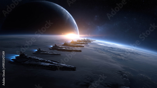 Space fleet flying towards an epic sunset over planet earth
