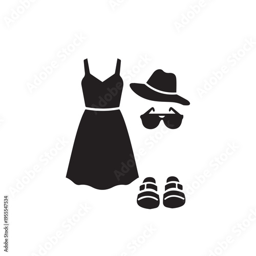 Black Silhouette Summer Outfit: Dress Hat Sunglasses Sandals for Travel or Vacation